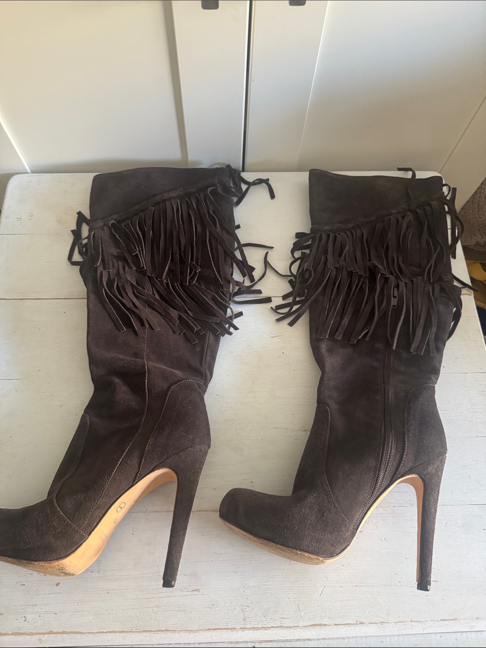 Charles David Dark Brown Suede Fringe Knee Boots